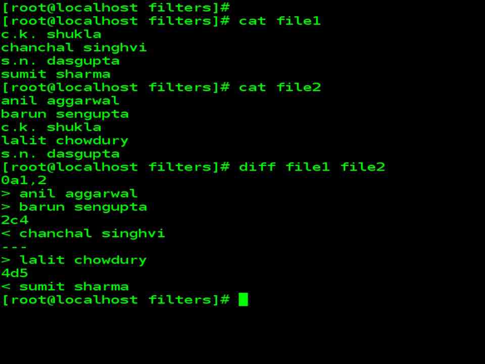 Some basic file manipulation commands example: diff