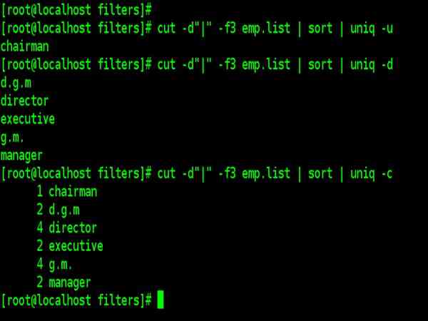 uniq command example with -u -d -c option