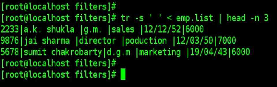 tr command example with –s (squeeze) option